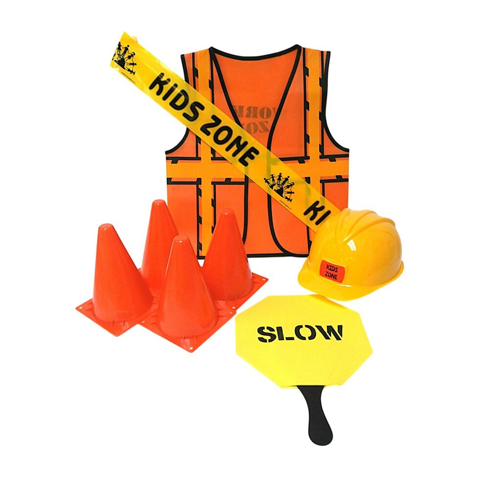 Children's Construction Worker Dress-Up Costume Vest Helmet Stop Sign Cones Tape